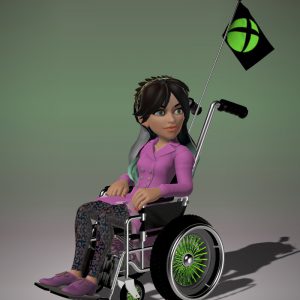 Avatar femenino de xbox sentada en una silla de ruedas, sonriendo.