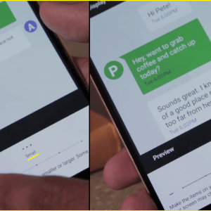 Dos imágenes, a la izquierda muestra una pantalla de teléfono con iconos pequeños; a la derecha la misma pantalla de teléfono con iconos más grandes.
