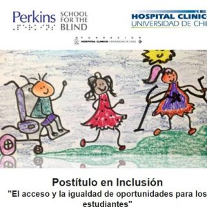 En la fotografía, una gráfica se muestra un dibujo donde aparece un niño con silla de rueda, una niña y otra niña con muletas, con el enunciado "Postítulo en Inclusión: el acceso y la igualdad de oportunidades para los estudiantes".